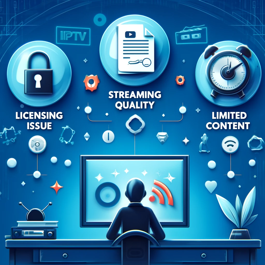 هذه الصورة تعرض التحديات الشائعة التي قد تواجه مستخدمي اشتراك IPTV، بما في ذلك قضايا الترخيص، وجودة البث، وخيارات المحتوى المحدودة